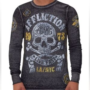 Affliction American Customs Skull Thermal Shirt Silver Burnout Men's Size XXL